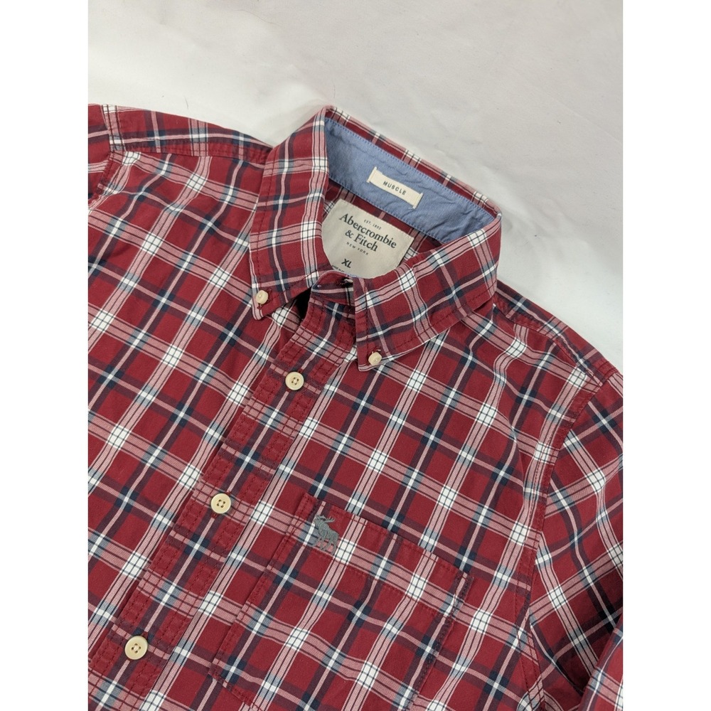 Abercombie & Fitch Shirt Mens Red‎ XL Plaid Button Down Cotton Muscle Fit  Shirt